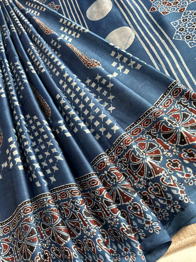 Indra:INDIGO, HANDBLOCK AJRAKH MODAL SILK SAREE