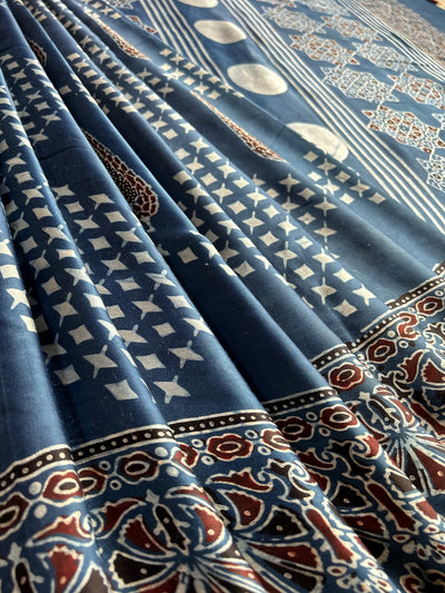 Indra:INDIGO, HANDBLOCK AJRAKH MODAL SILK SAREE