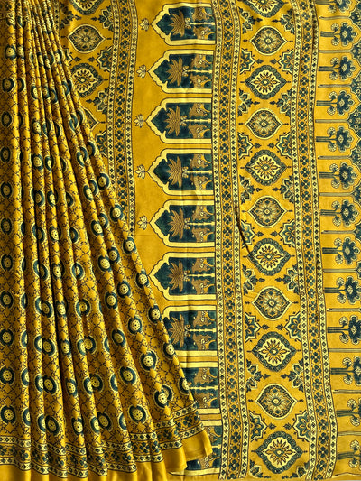 Latika: YELLOW,HANDBLOCK AJRAKH MODAL SILK SAREE