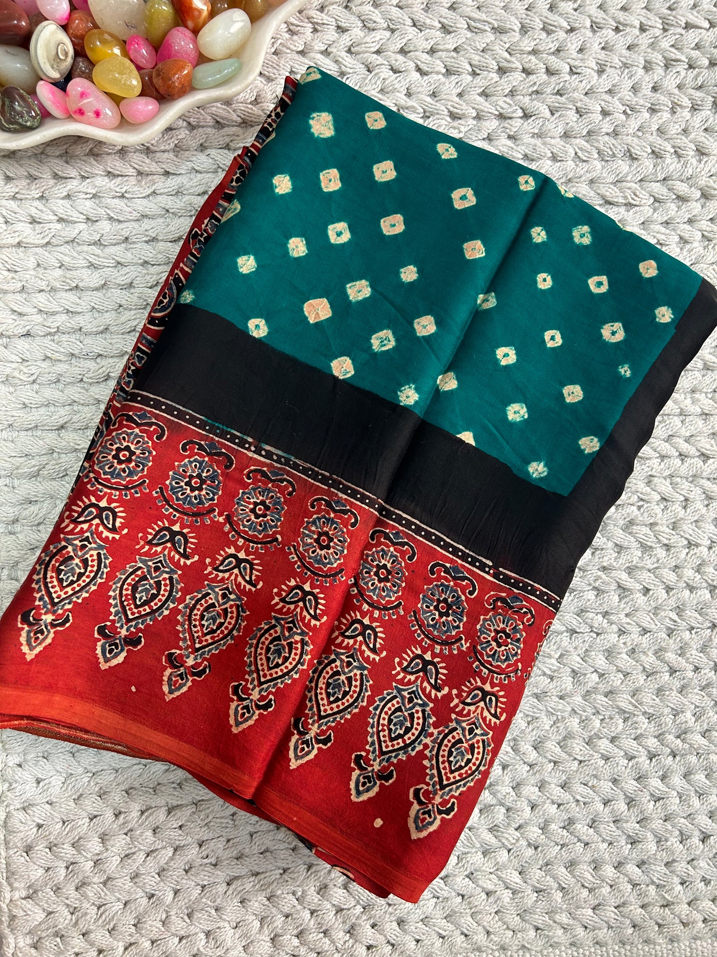Vaidehi: AJRAKH Rama green BANDHEJ TISSUE MODAL SILK SAREE