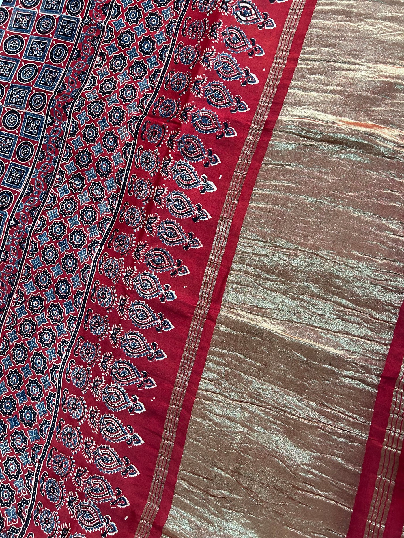 Vaidehi: AJRAKH Rama green BANDHEJ TISSUE MODAL SILK SAREE