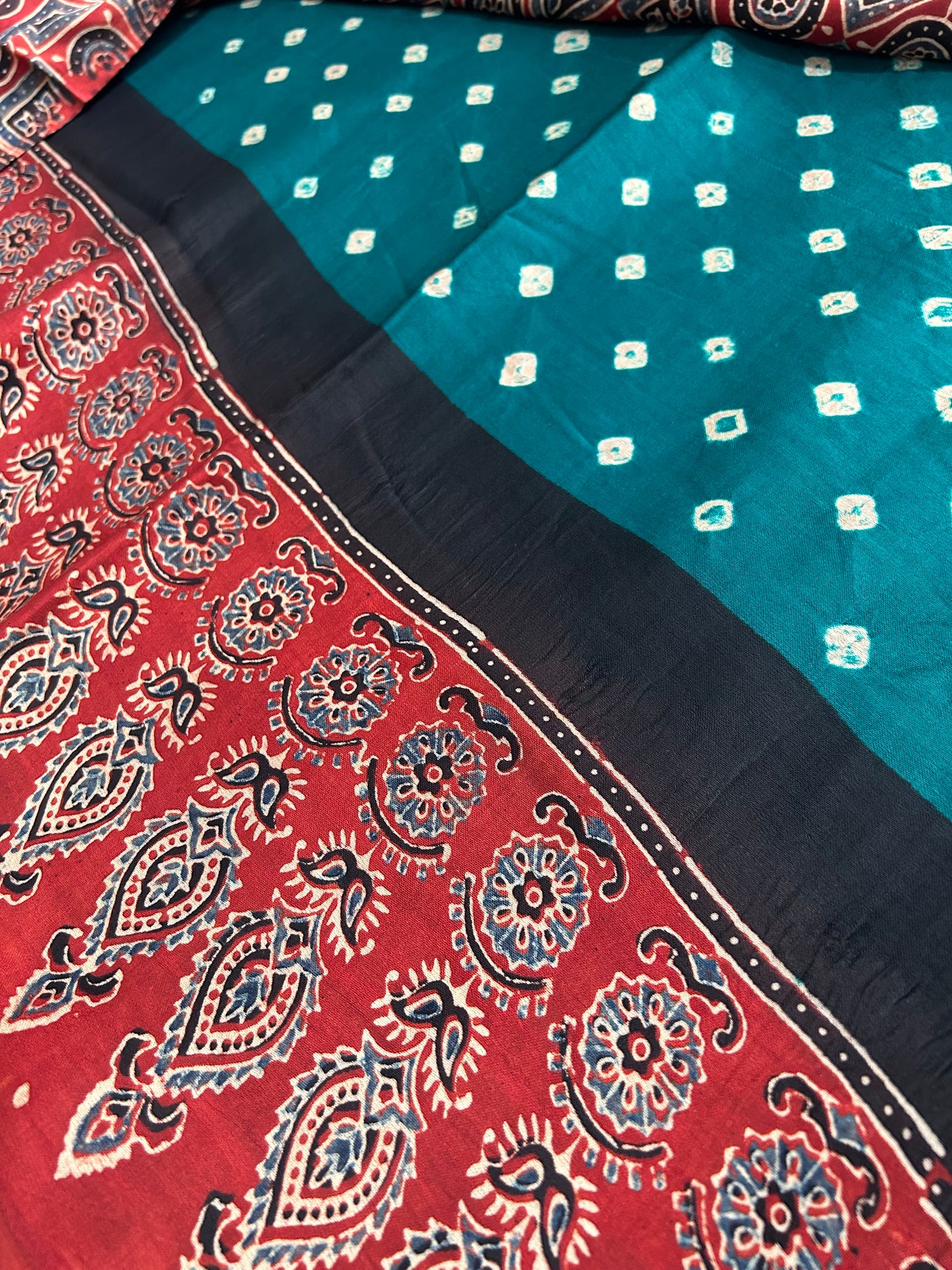 Vaidehi: AJRAKH Rama green BANDHEJ TISSUE MODAL SILK SAREE