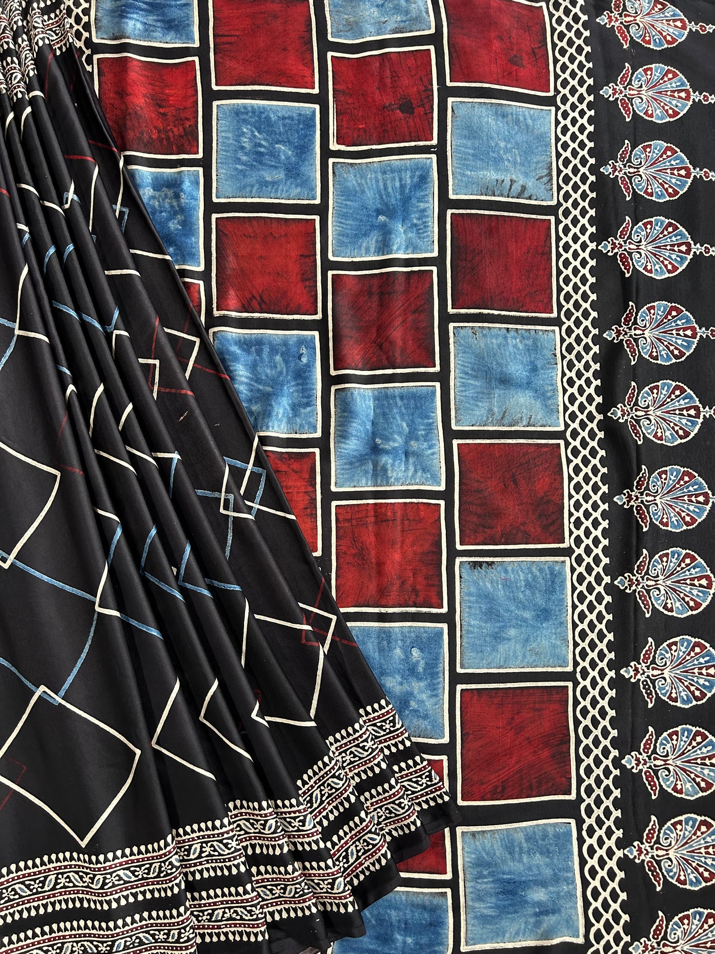 Vidhu: BLACK,HANDBLOCK AJRAKH MODAL SILK SAREE