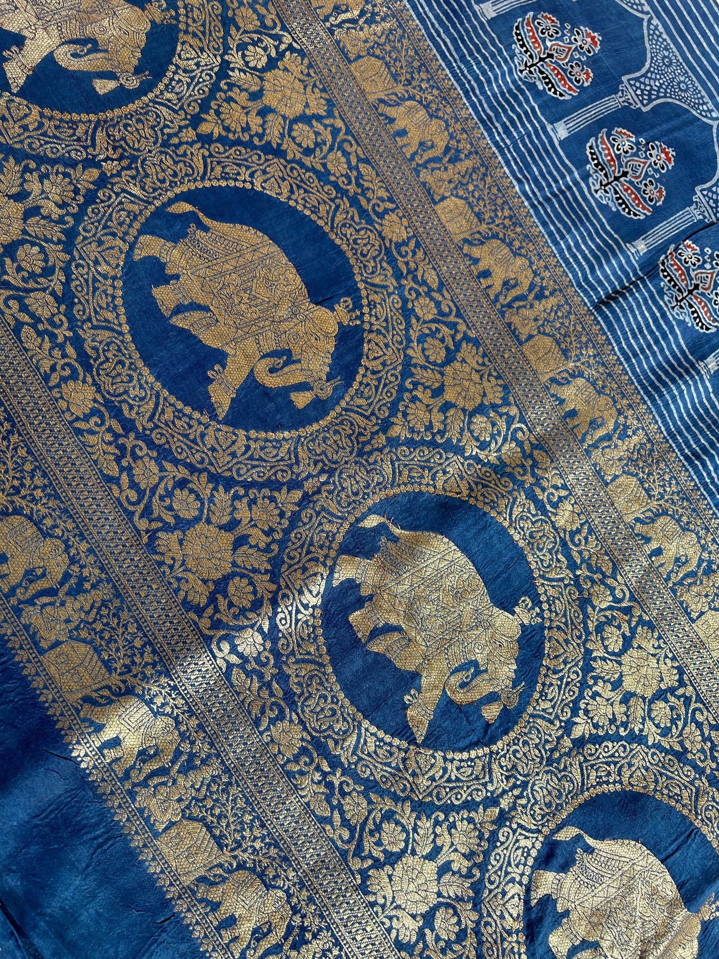GAYATRI : HANDBLOCK AJRAKH DOLA SILK SAREE WITH MEENAKARI PALLU.