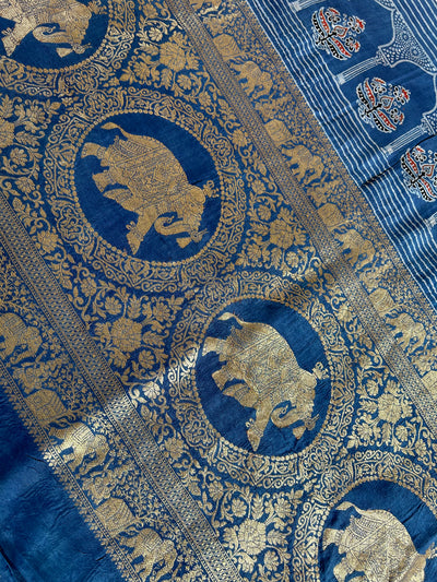 GAYATRI : HANDBLOCK AJRAKH DOLA SILK SAREE WITH MEENAKARI PALLU.