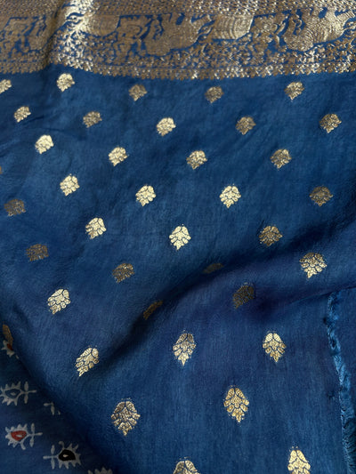 GAYATRI : HANDBLOCK AJRAKH DOLA SILK SAREE WITH MEENAKARI PALLU.