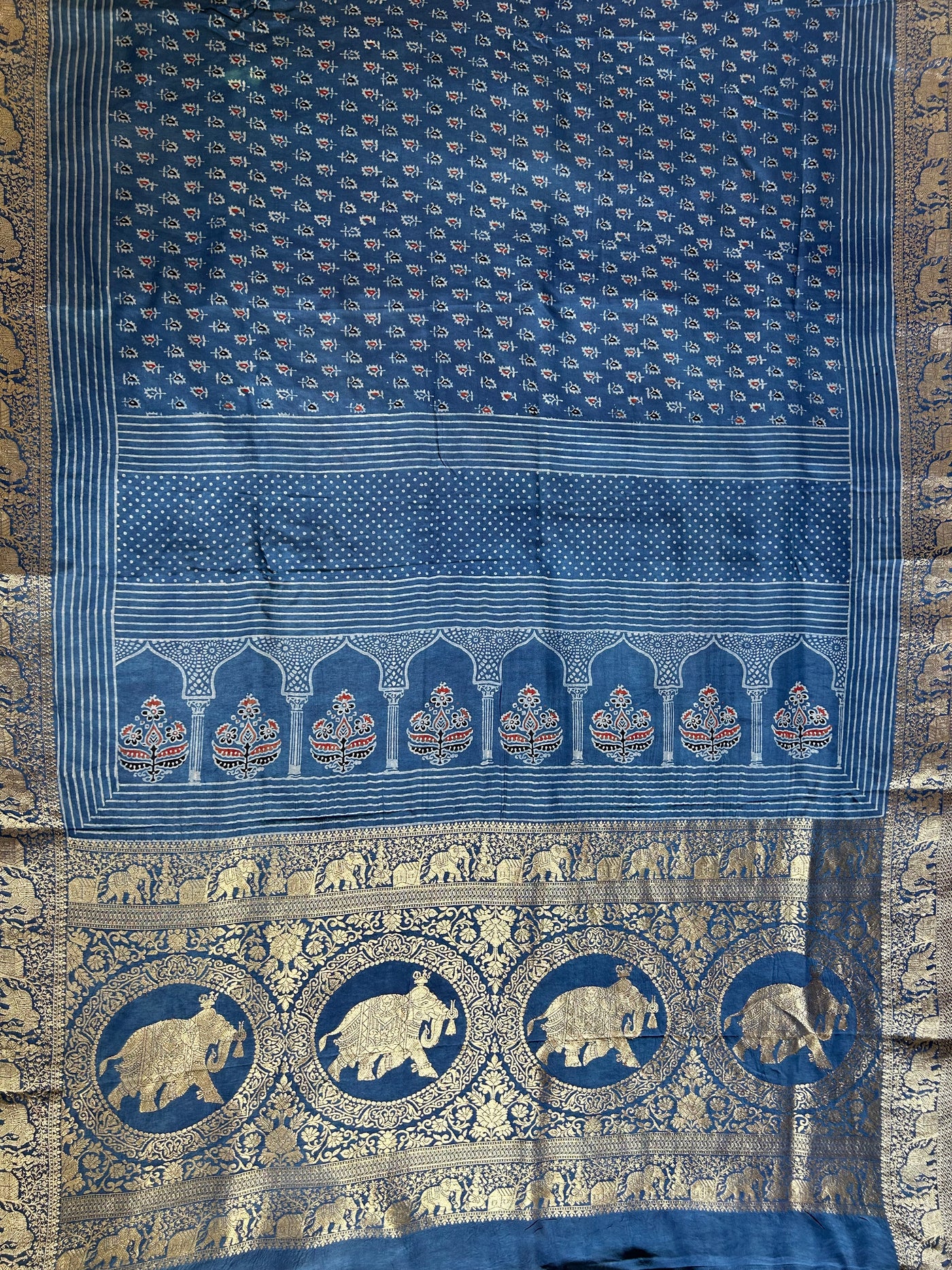 GAYATRI : HANDBLOCK AJRAKH DOLA SILK SAREE WITH MEENAKARI PALLU.