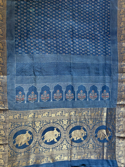 GAYATRI : HANDBLOCK AJRAKH DOLA SILK SAREE WITH MEENAKARI PALLU.