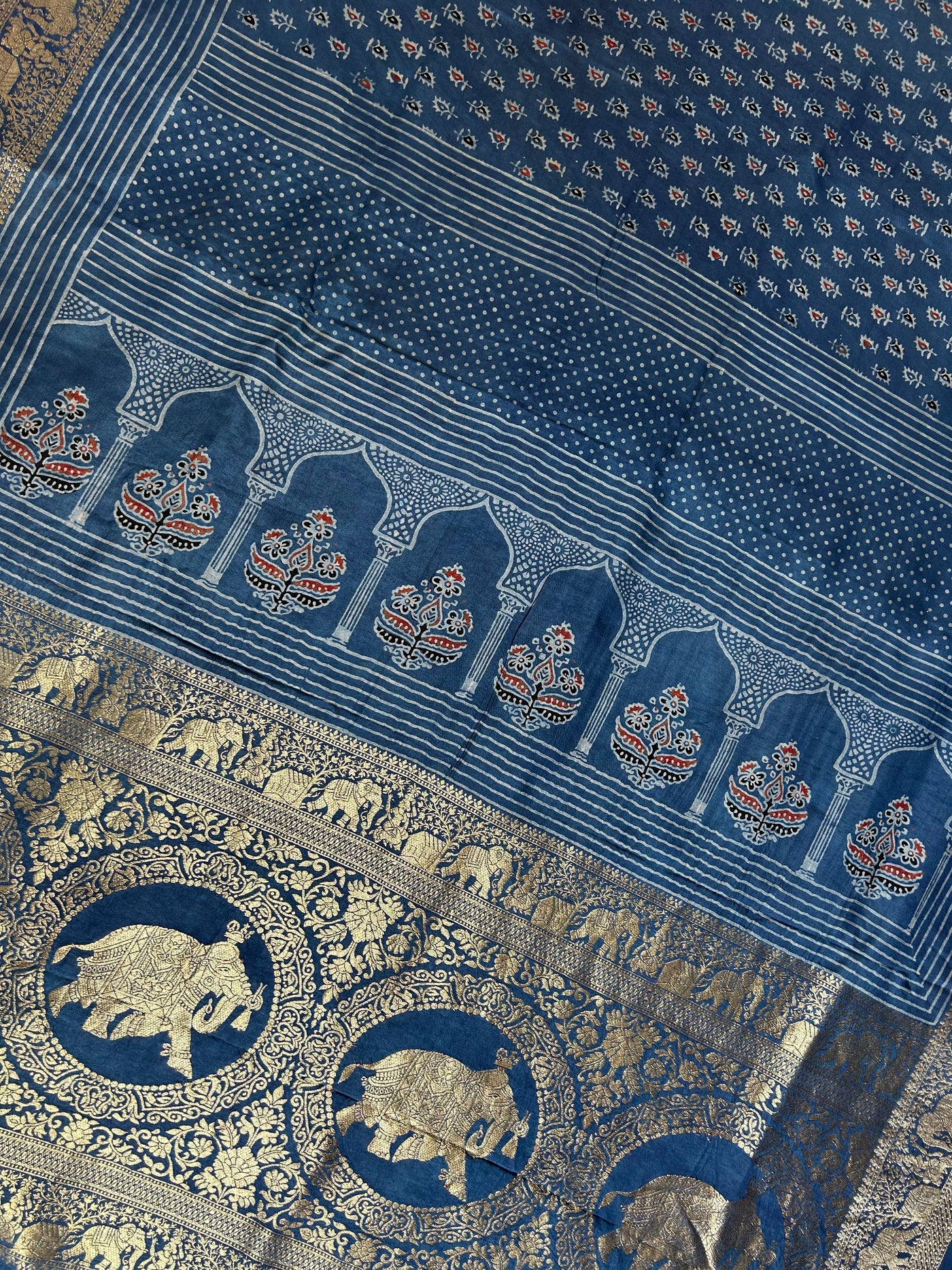 GAYATRI : HANDBLOCK AJRAKH DOLA SILK SAREE WITH MEENAKARI PALLU.