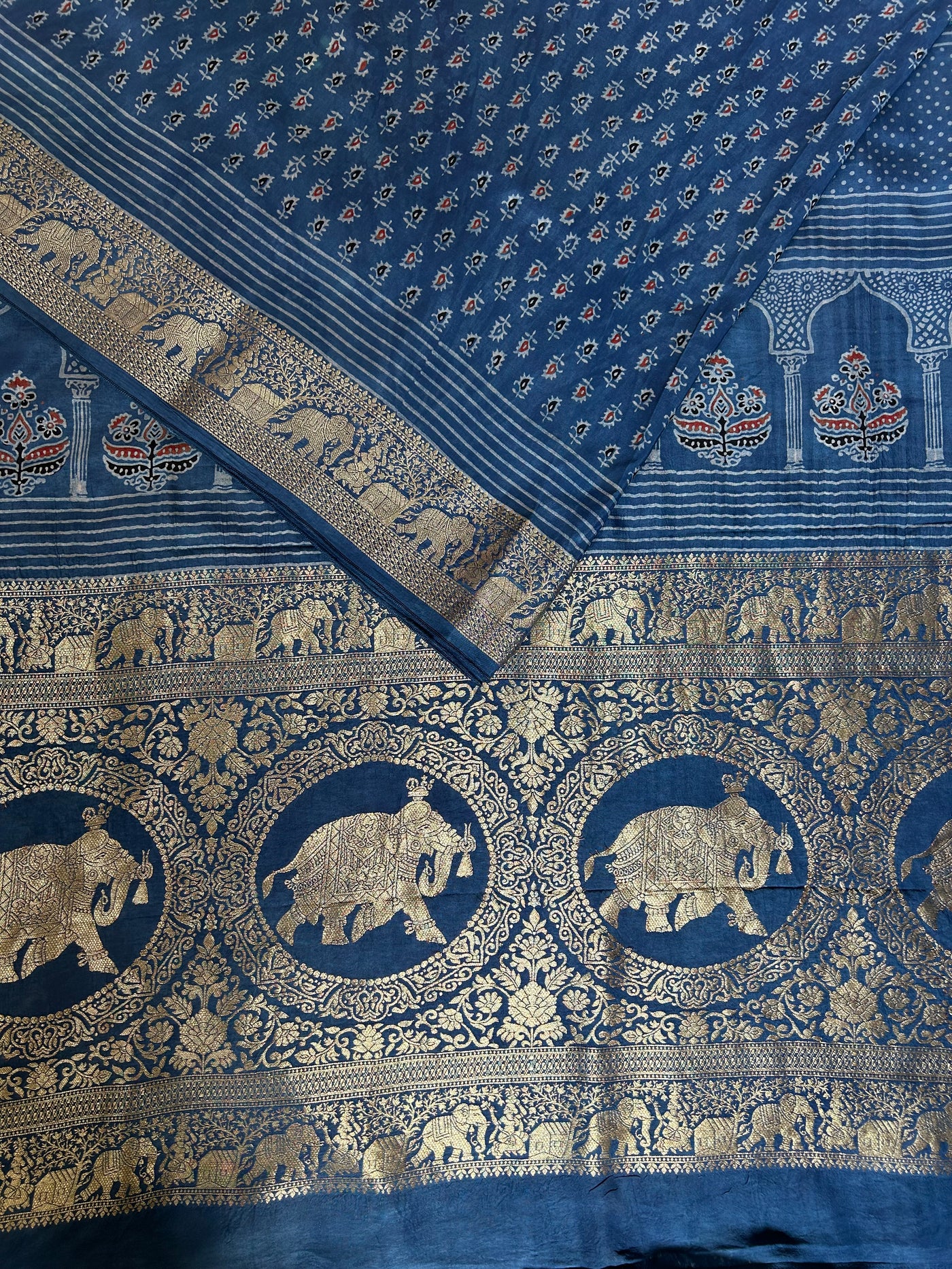 GAYATRI : HANDBLOCK AJRAKH DOLA SILK SAREE WITH MEENAKARI PALLU.
