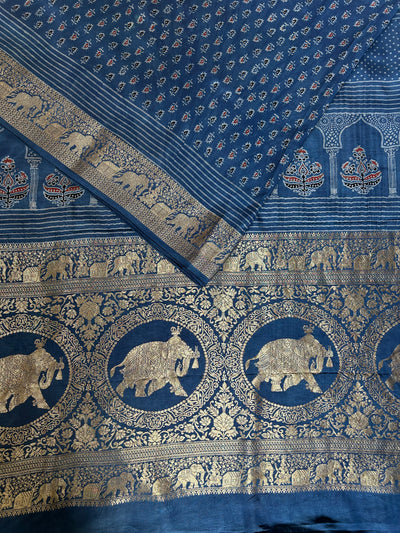 GAYATRI : HANDBLOCK AJRAKH DOLA SILK SAREE WITH MEENAKARI PALLU.