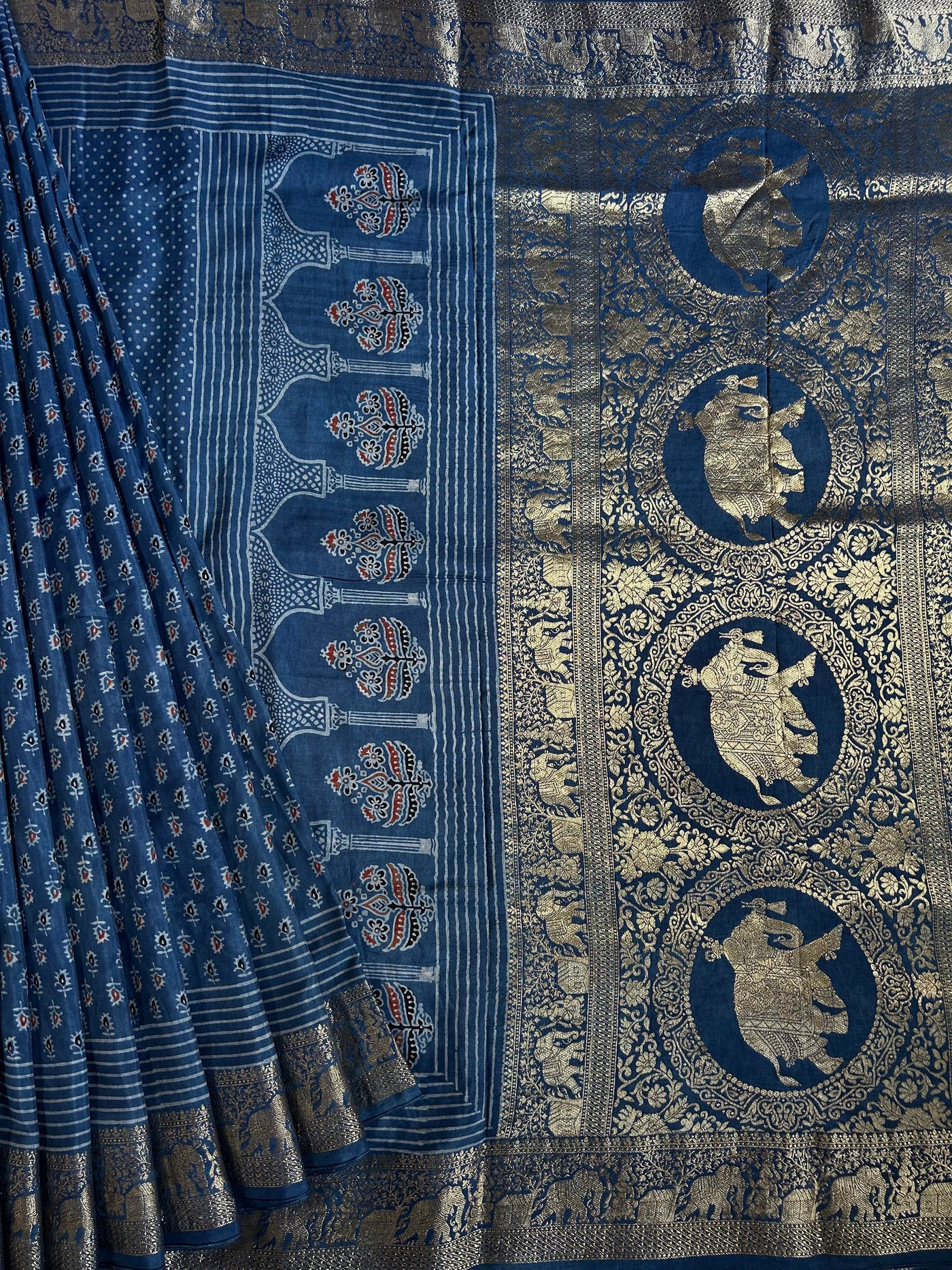 GAYATRI : HANDBLOCK AJRAKH DOLA SILK SAREE WITH MEENAKARI PALLU.