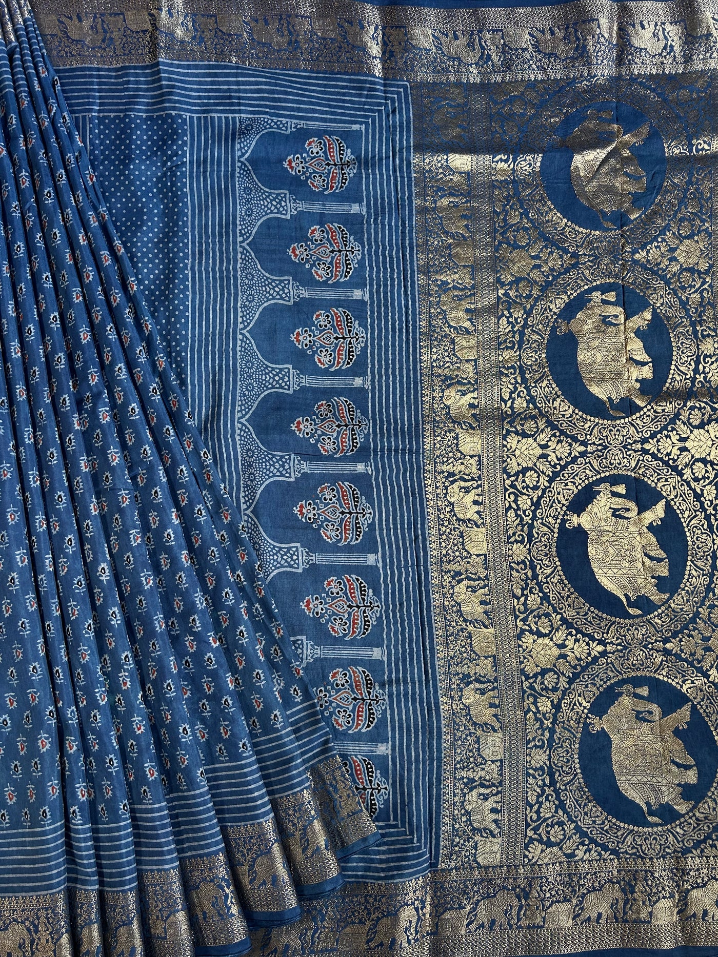 GAYATRI : HANDBLOCK AJRAKH DOLA SILK SAREE WITH MEENAKARI PALLU.