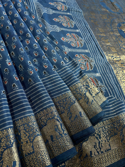GAYATRI : HANDBLOCK AJRAKH DOLA SILK SAREE WITH MEENAKARI PALLU.