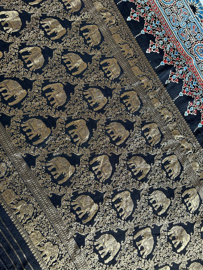 Laxmi:BLACK,HANDBLOCK AJRAKH DOLA SILK SAREE WITH MEENAKARI PALLU.