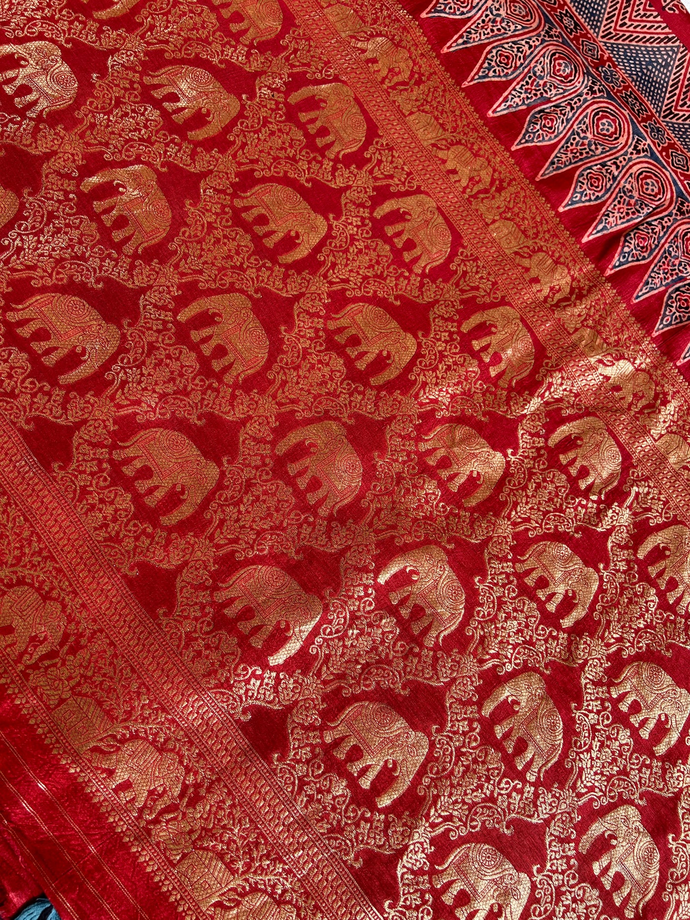 Rubina:Handblock Ajrakh Dola Silk Saree With Meenakari Pallu.