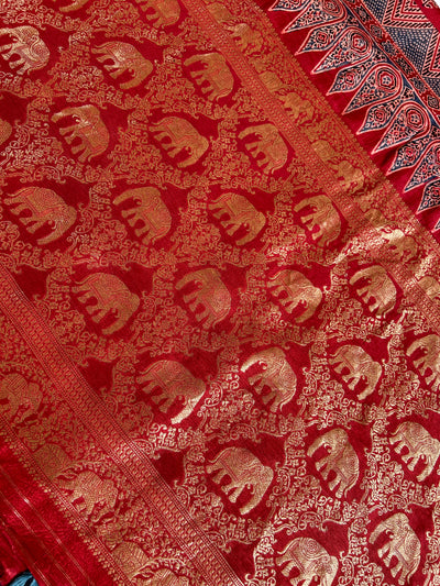 Rubina:Handblock Ajrakh Dola Silk Saree With Meenakari Pallu.