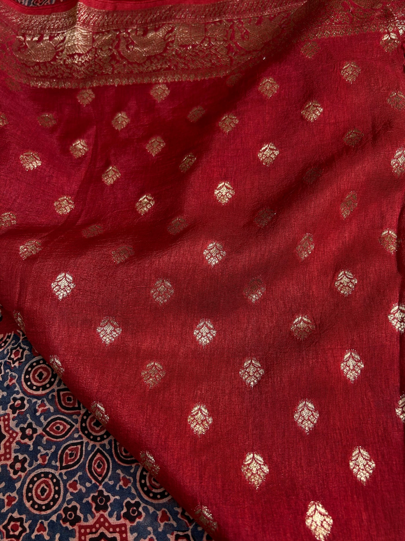 Rubina:Handblock Ajrakh Dola Silk Saree With Meenakari Pallu.