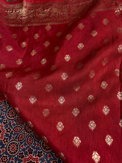 Rubina:Handblock Ajrakh Dola Silk Saree With Meenakari Pallu.