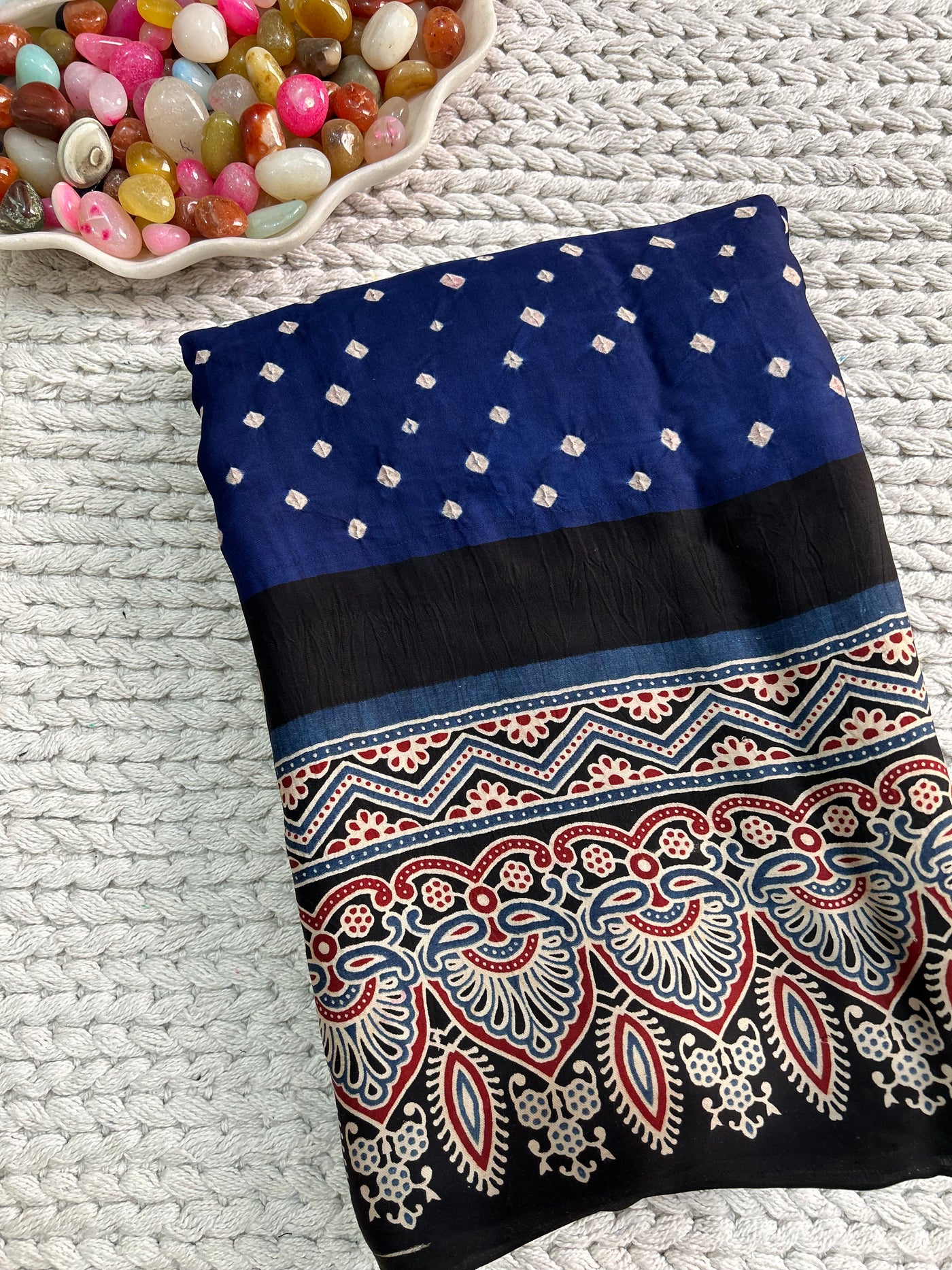 NEELIMA: AJRAKH BANDHEJ TISSUE MODAL SILK SAREE