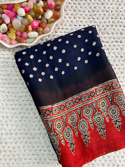 MRADULA: AJRAKH BANDHEJ MODAL SILK TISSUE SAREE