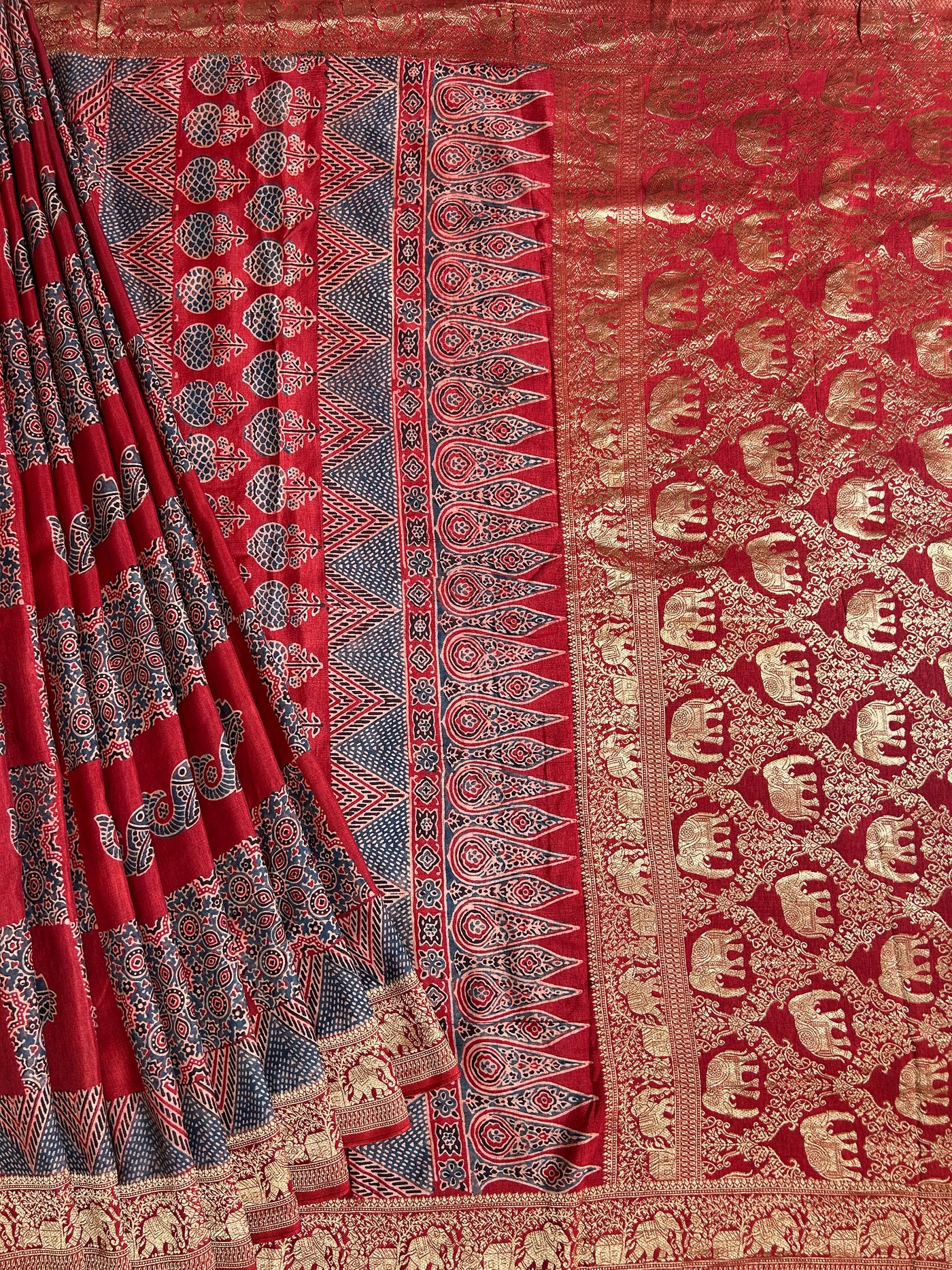 Rubina:Handblock Ajrakh Dola Silk Saree With Meenakari Pallu.