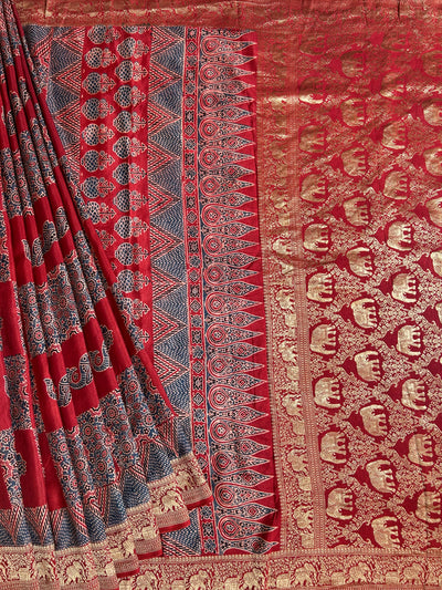 Rubina:Handblock Ajrakh Dola Silk Saree With Meenakari Pallu.