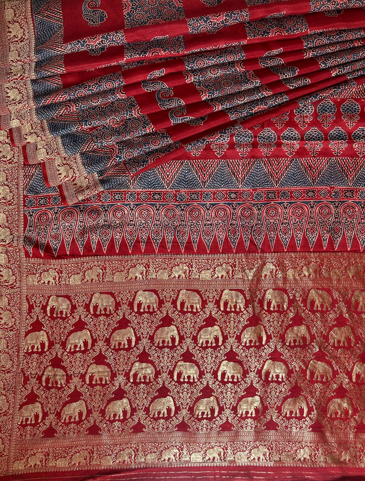 Rubina:Handblock Ajrakh Dola Silk Saree With Meenakari Pallu.