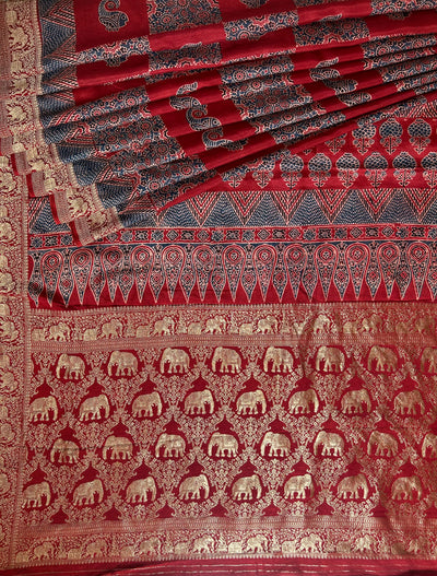 Rubina:Handblock Ajrakh Dola Silk Saree With Meenakari Pallu.
