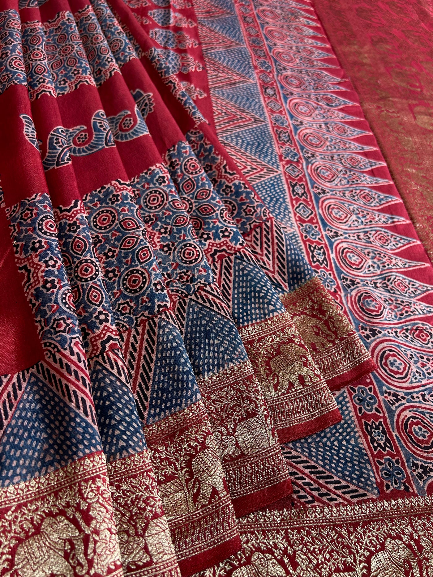Rubina:Handblock Ajrakh Dola Silk Saree With Meenakari Pallu.