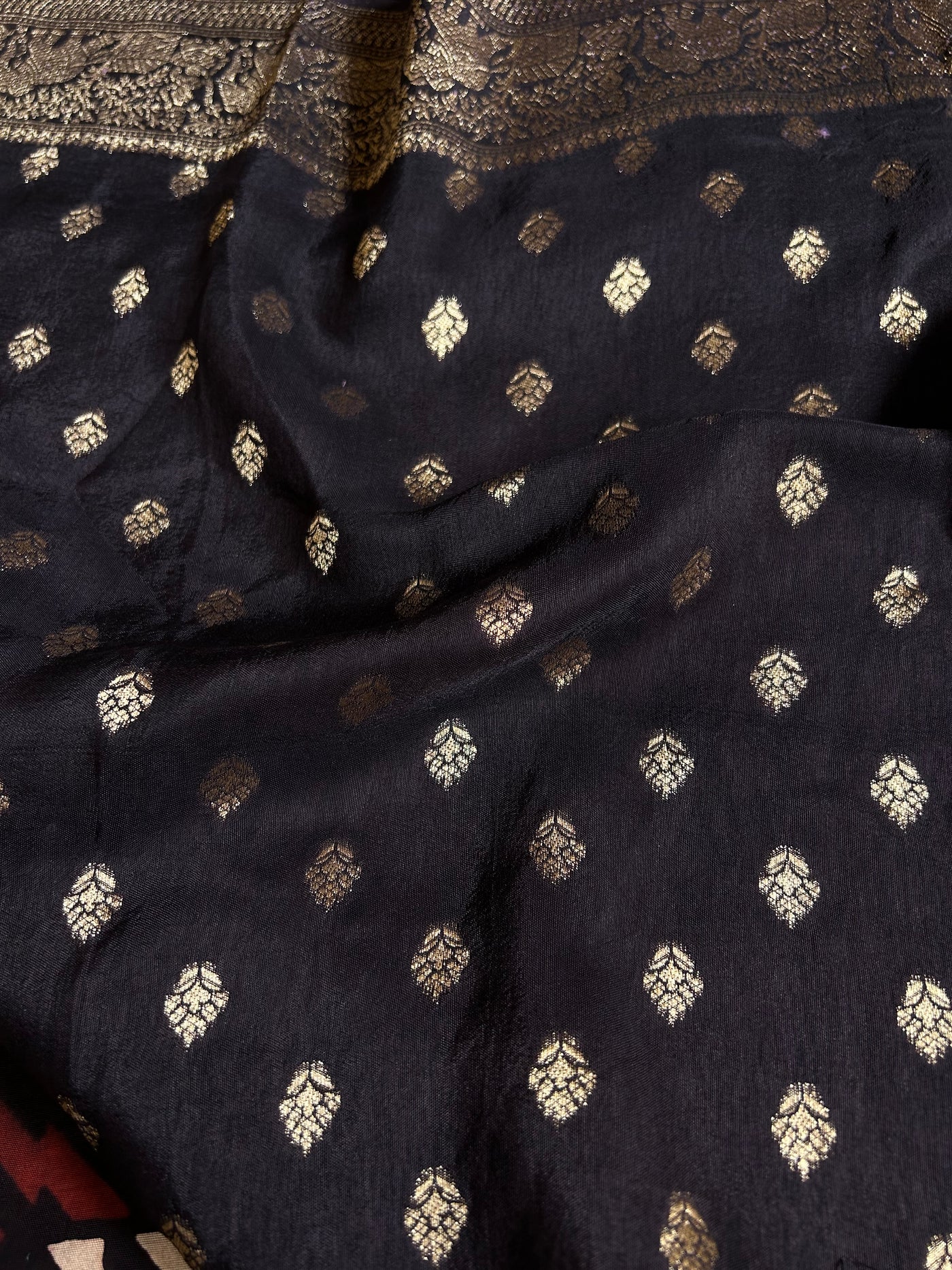 Kinjal:Handblock Ajrakh Dola Silk Saree With Meenakari Pallu.