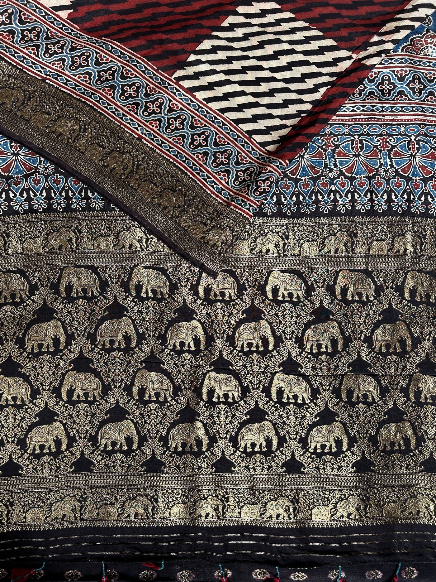 Kinjal:Handblock Ajrakh Dola Silk Saree With Meenakari Pallu.