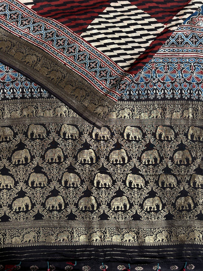 Kinjal:Handblock Ajrakh Dola Silk Saree With Meenakari Pallu.