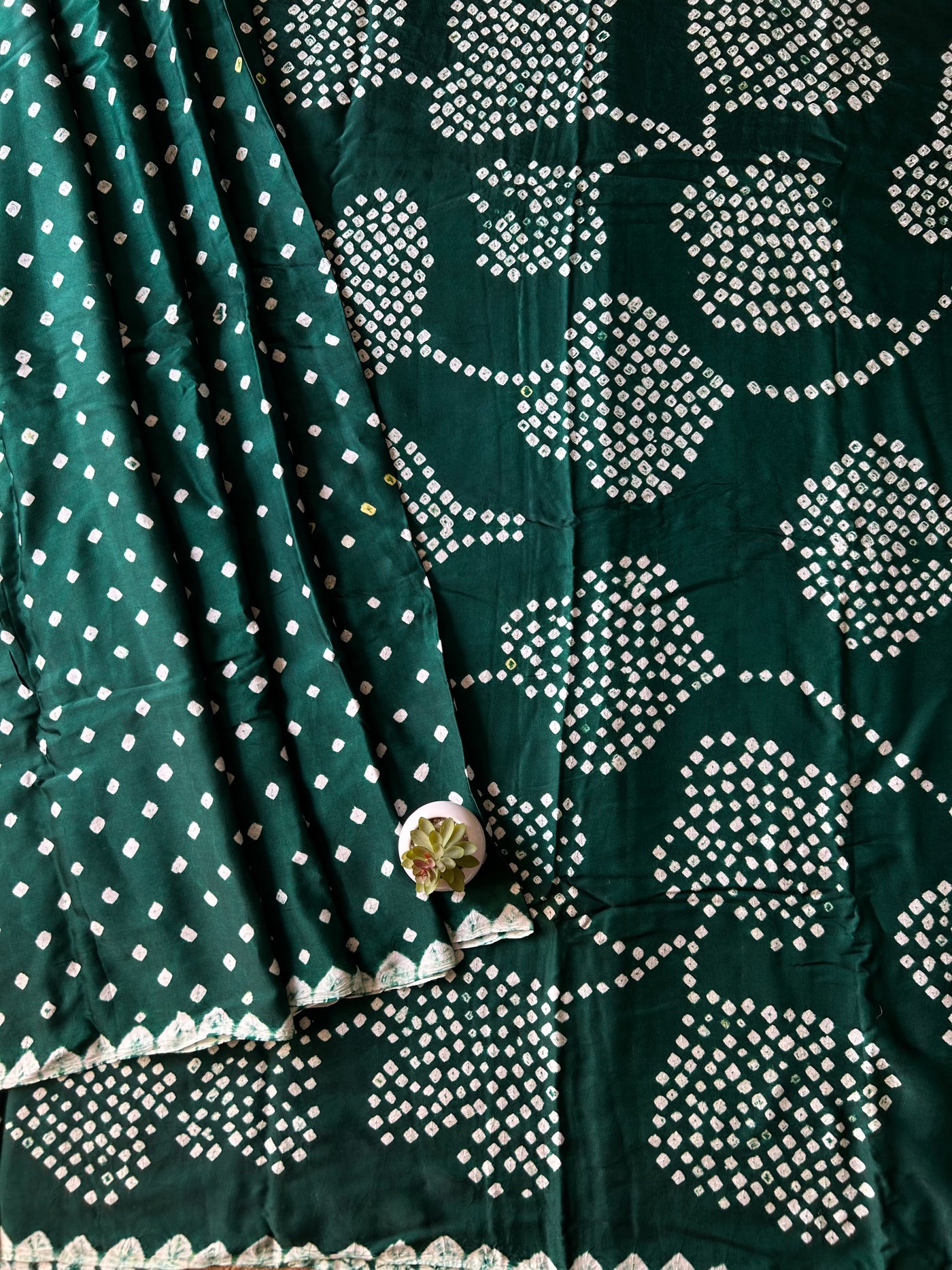 Raina : Dark Green,Handmade Designer Bandhani Modal Silk Tissue Pallu Saree