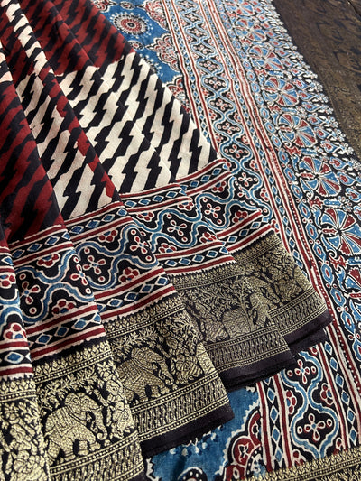 Kinjal:Handblock Ajrakh Dola Silk Saree With Meenakari Pallu.