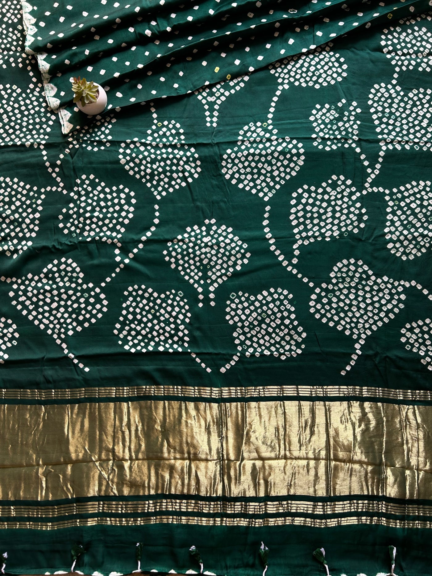 Raina : Dark Green,Handmade Designer Bandhani Modal Silk Tissue Pallu Saree