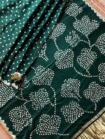 Raina : Dark Green,Handmade Designer Bandhani Modal Silk Tissue Pallu Saree