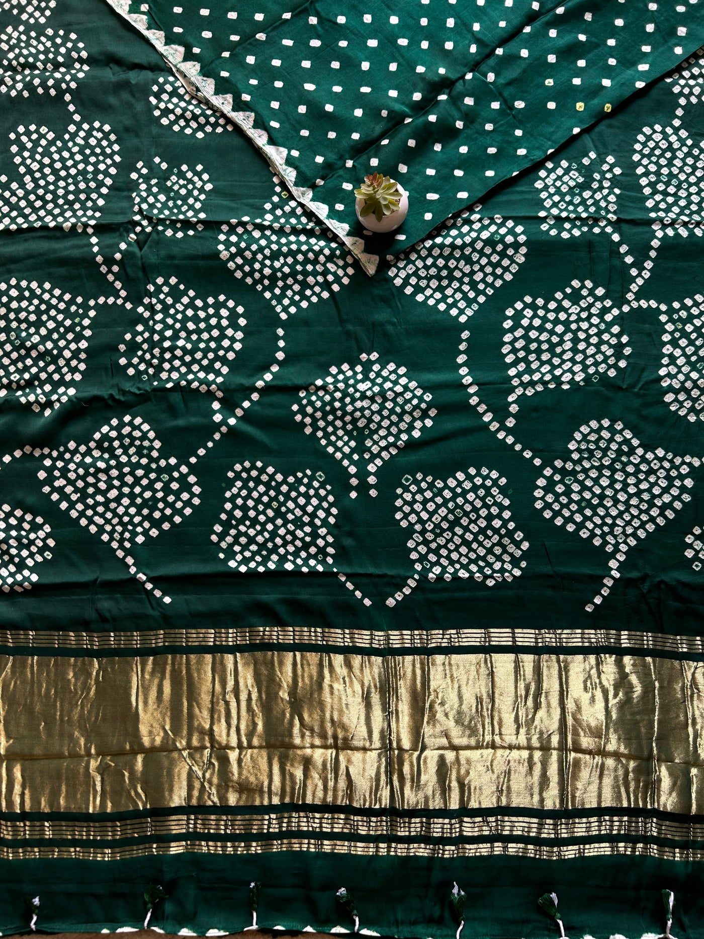 Raina : Dark Green,Handmade Designer Bandhani Modal Silk Tissue Pallu Saree