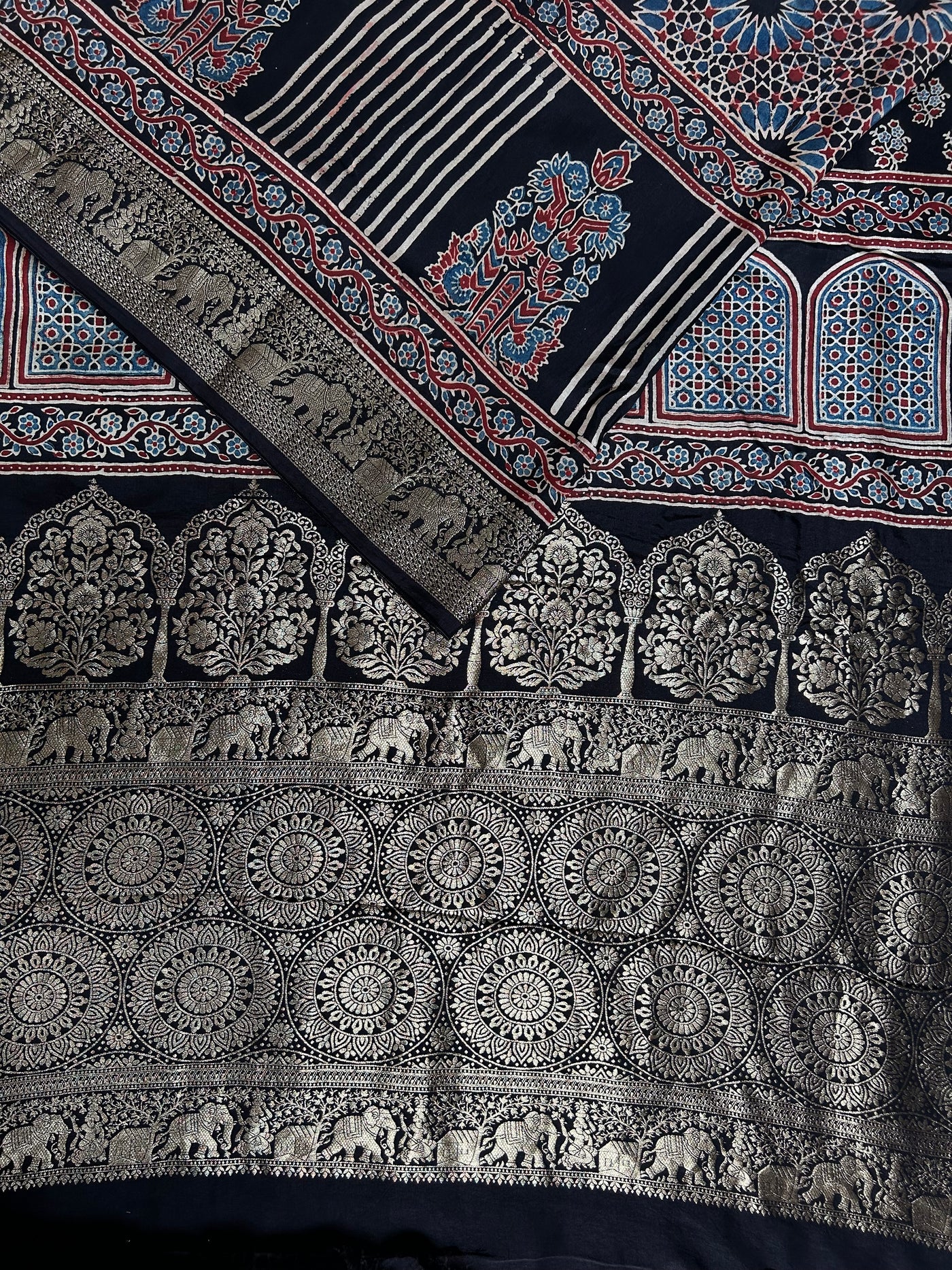 Maina:Cream,Handblock ajrakh dola silk saree with meenakari pallu