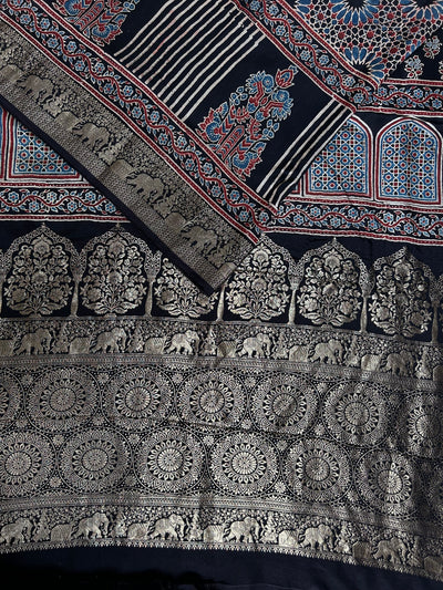 Maina:Cream,Handblock ajrakh dola silk saree with meenakari pallu