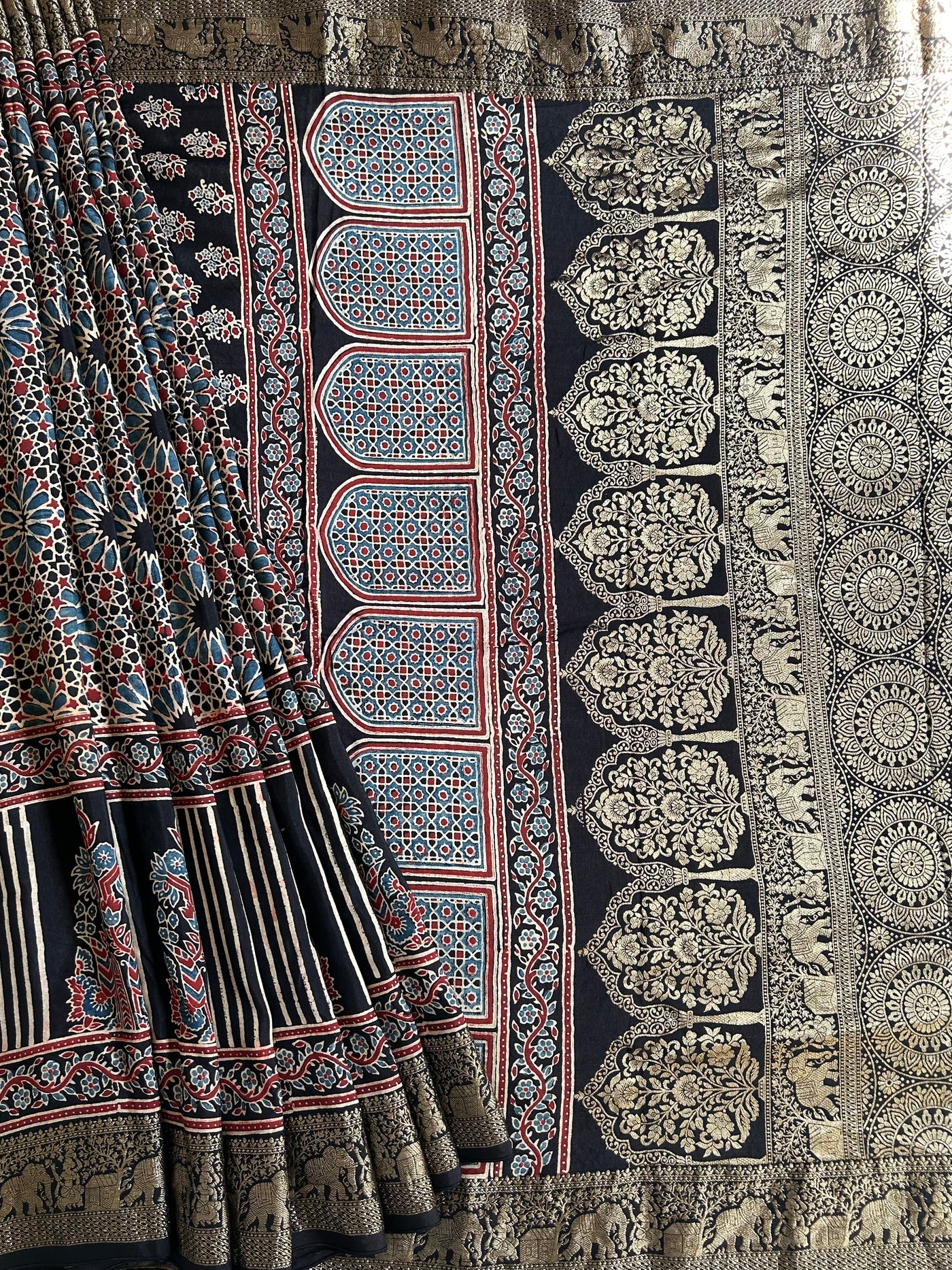 Maina:Cream,Handblock ajrakh dola silk saree with meenakari pallu