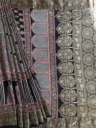 Maina:Cream,Handblock ajrakh dola silk saree with meenakari pallu