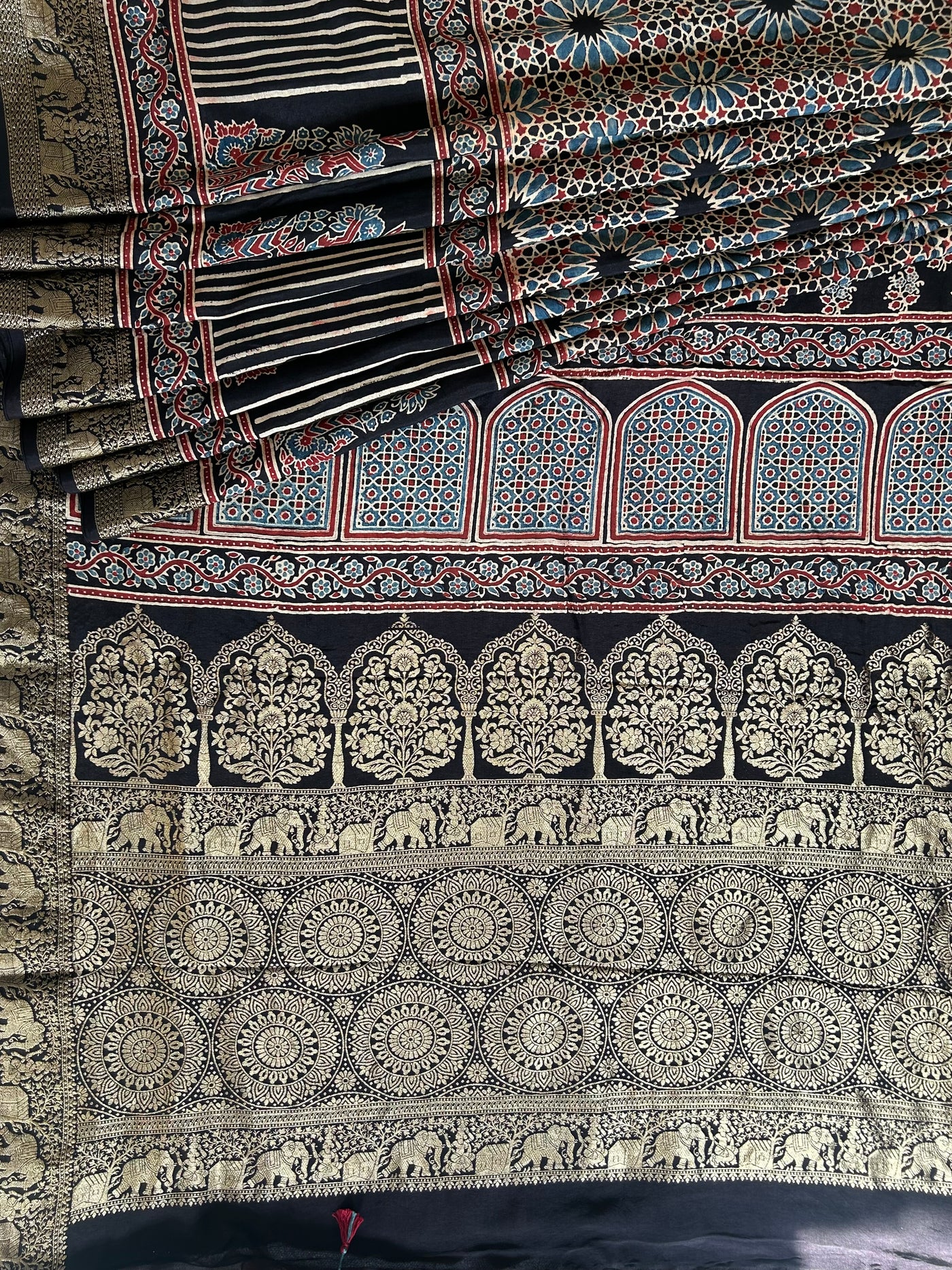 Maina:Cream,Handblock ajrakh dola silk saree with meenakari pallu