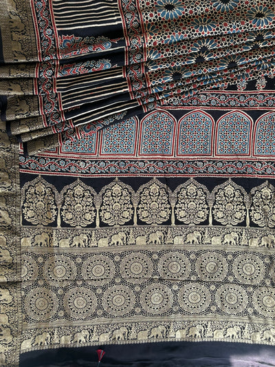 Maina:Cream,Handblock ajrakh dola silk saree with meenakari pallu