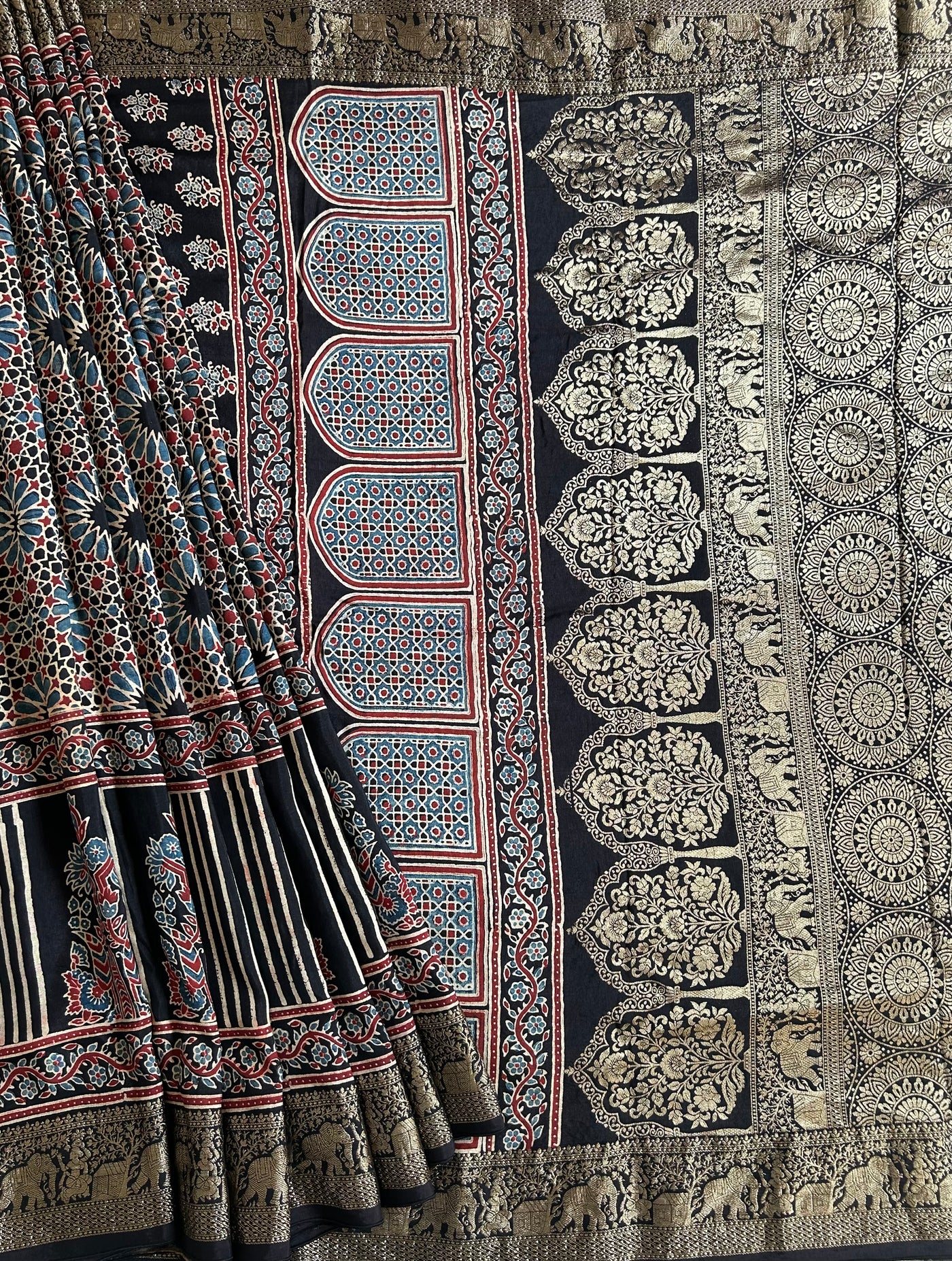 Maina:Cream,Handblock ajrakh dola silk saree with meenakari pallu