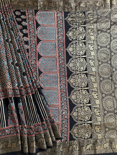Maina:Cream,Handblock ajrakh dola silk saree with meenakari pallu