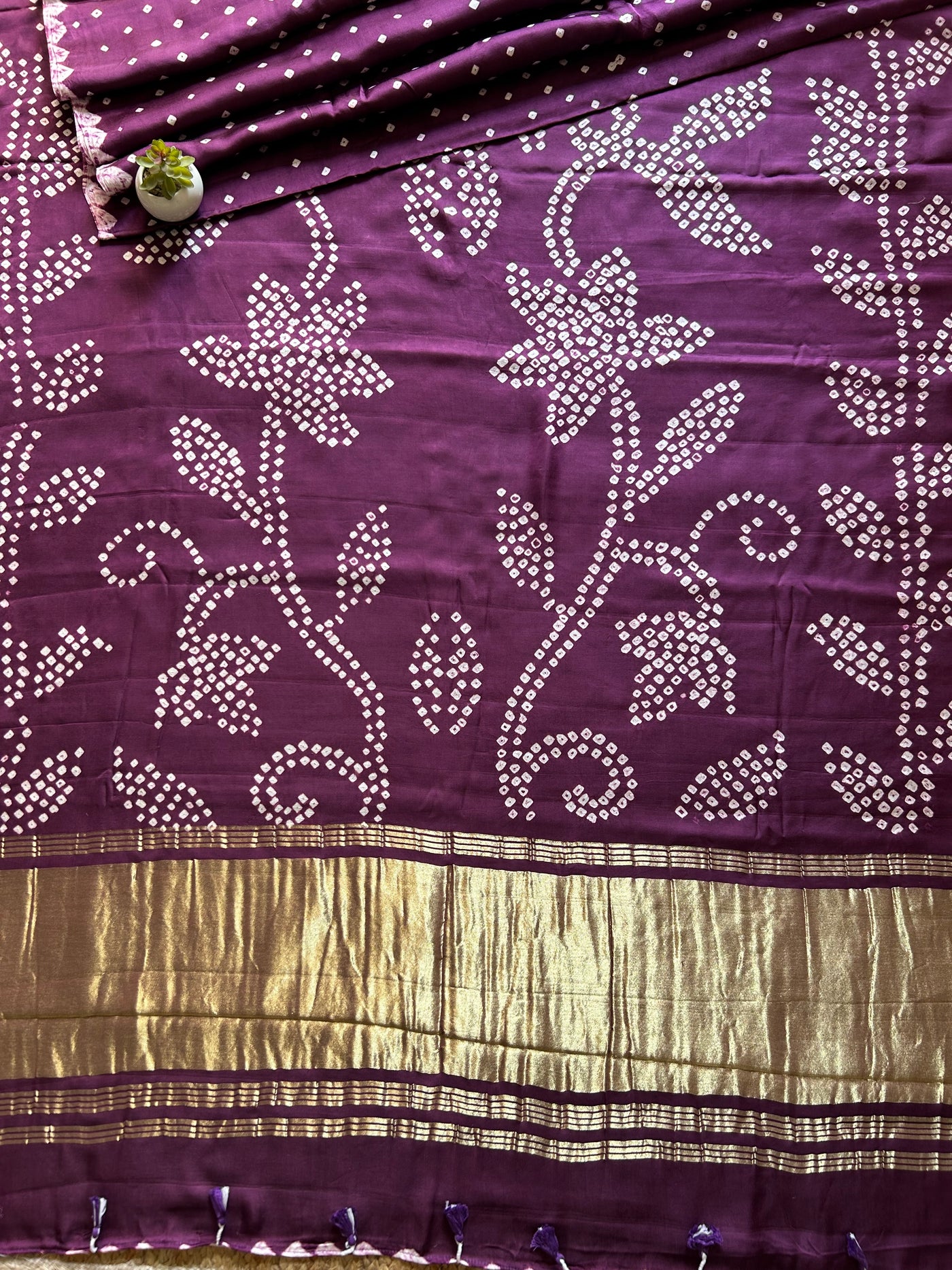 Sunahri : Violet, Handmade Designer Bandhani Modal Silk Tissue Pallu Saree