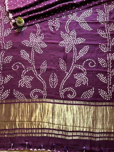 Sunahri : Violet, Handmade Designer Bandhani Modal Silk Tissue Pallu Saree