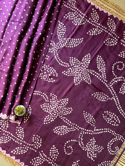 Sunahri : Violet, Handmade Designer Bandhani Modal Silk Tissue Pallu Saree