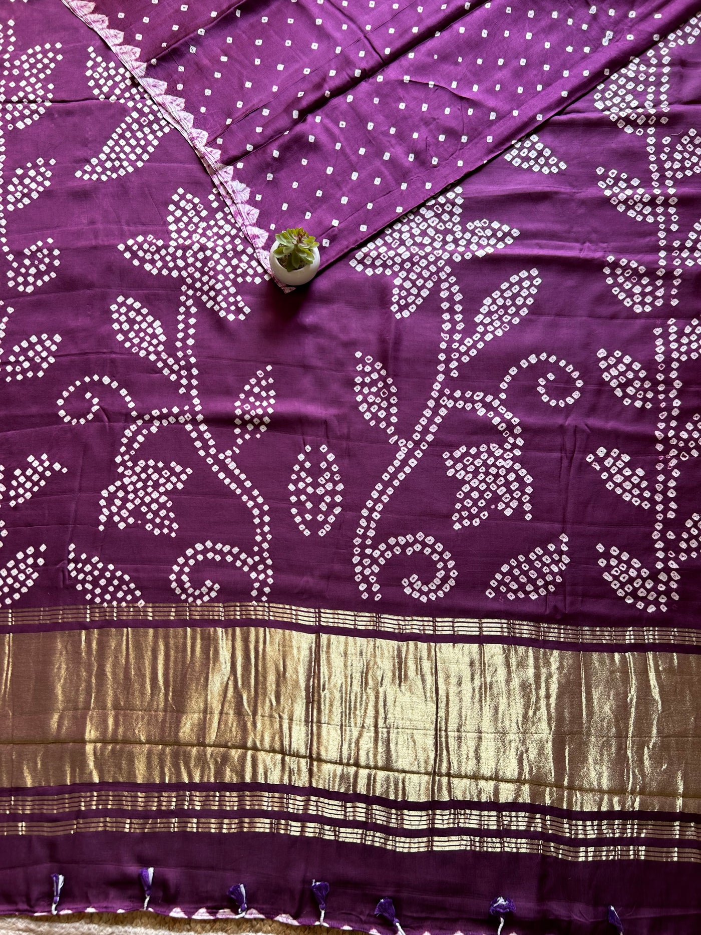 Sunahri : Violet, Handmade Designer Bandhani Modal Silk Tissue Pallu Saree